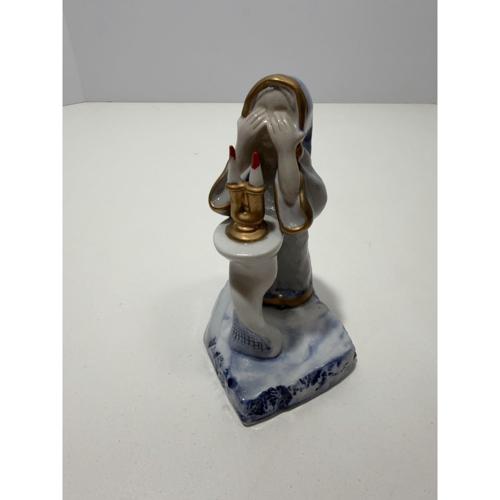 White & Blue Ceramic Sculpture A Woman is Blessing For Shabbat Candles 6.5" Tall